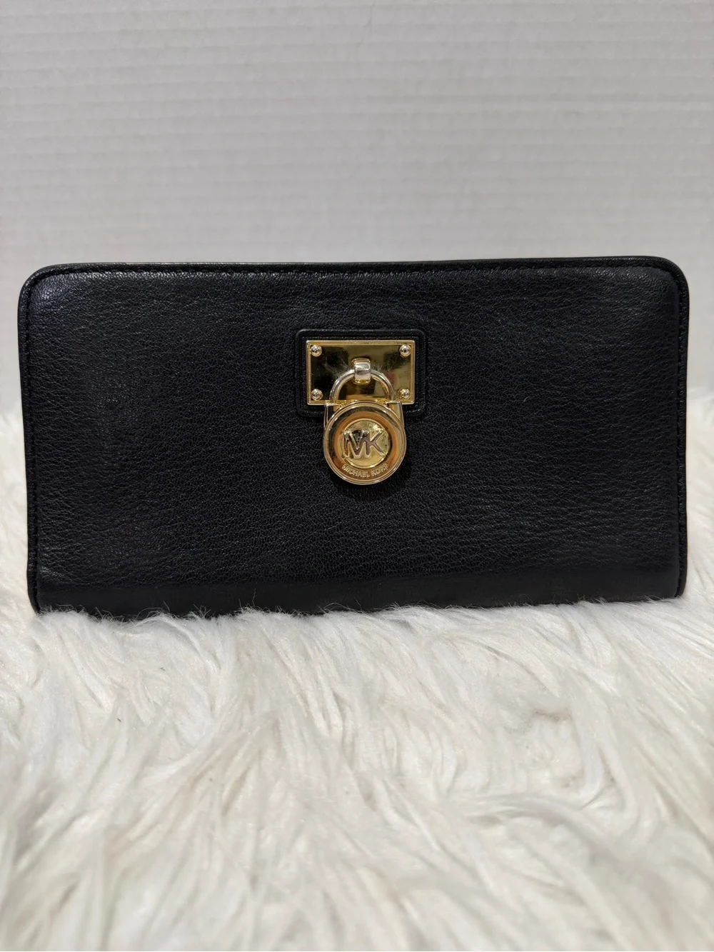 Michael Kors Black Leather Continental Wallet with Gold MK Lock
